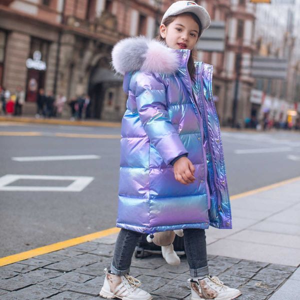 Novo estilo de jaqueta infantil para meninas, comprimento médio, coreano, criança grande, rosto brilhante, lavagem livre, engrossado, conjunto de casaco de inverno para meninas