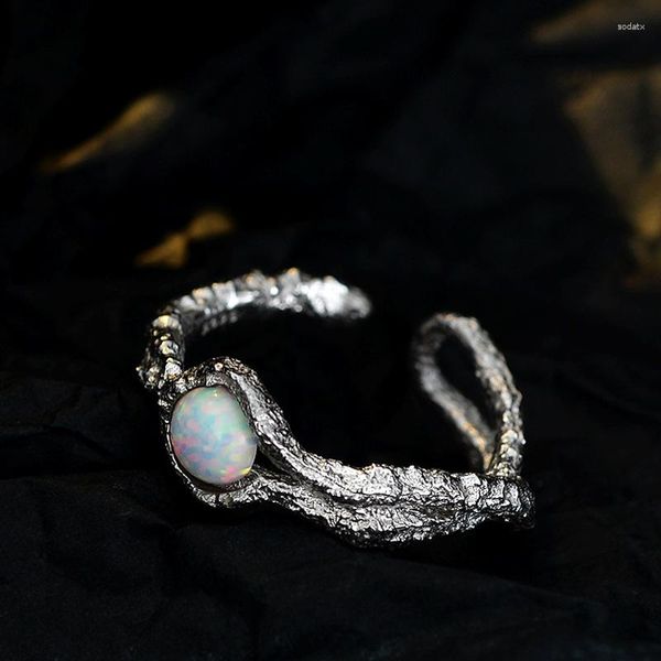 Cluster Rings Coreano Minimalista Fashion S925 Silver Sterling Opal Ring Feminino Ins Wind Opening Burn Rugas Casamento