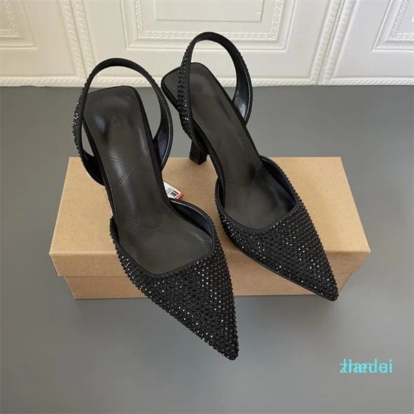 Scarpe eleganti Metallic Slingback Donna con tacco alto Sexy V-cut Vamp Party Pump Donna Moda Tacchi a punta lunga Sandali neri