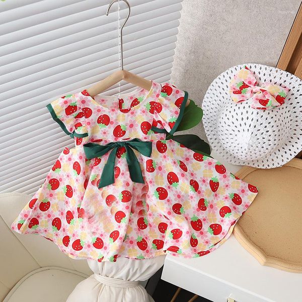 Abiti da ragazza Stile coreano Kid Baby Summer Dress O-Collo Manica volante Arco Fragola Stampa floreale Abiti da spiaggia Abbigliamento per bambini