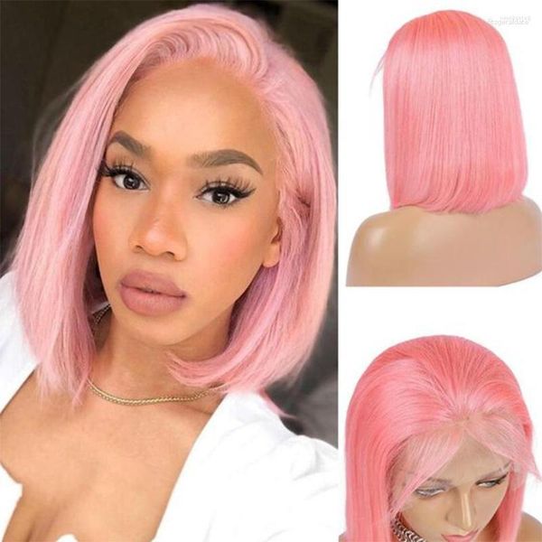 Perucas de cabelo humano cor-de-rosa elegantes para mulheres Remy brasileiro parte em T renda gengibre laranja mulher