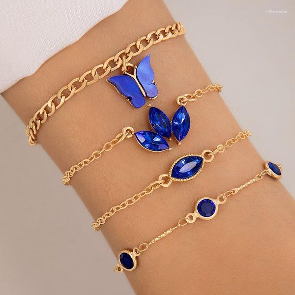 Verbindungsarmbänder HuaTang Schmetterlingsblätter-Saphirimitat-Armband mit Intarsien-Licht-Luxus-Blau-Serie, vierteiliges Damen-Schmuckset