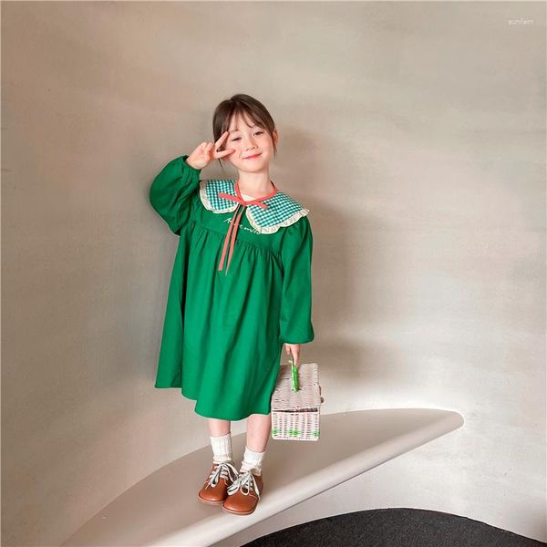 Vestidos de menina bebê crianças gola xadrez princesa vestido de outono criança manga longa primavera verde letras bordados