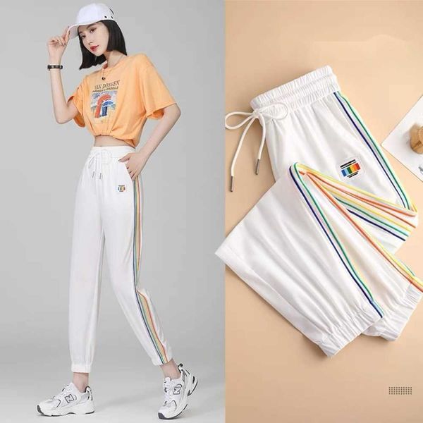 Ice Silk Spring/Summer Thin Small Rainbow Stripes 2023 New Strap Quick Dry Sports Casual Harlan Cropped Harem Camp Pants taglie forti donna