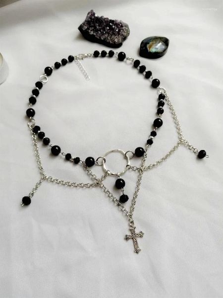 Anhänger Halsketten Black Angel Fairycore Halskette Grunge mit Kreuz Charm Kristall Gothic Choker Schmuck Edelstein