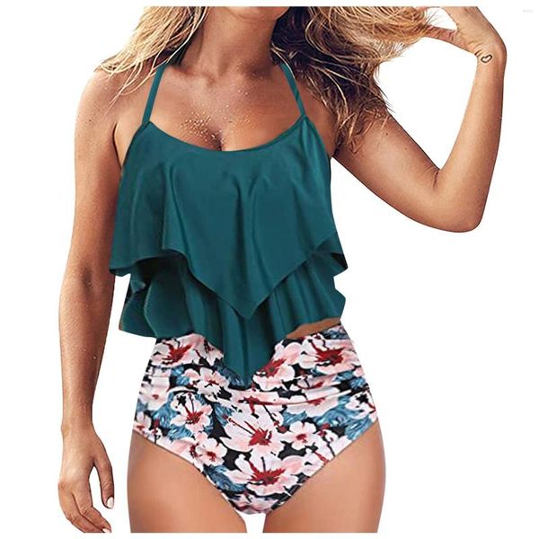 Roupa de banho feminina 2023 babados ternos femininos conjuntos de duas peças moda praia estampada conjunto de biquíni cintura alta parte de baixo push up tankini maiôs