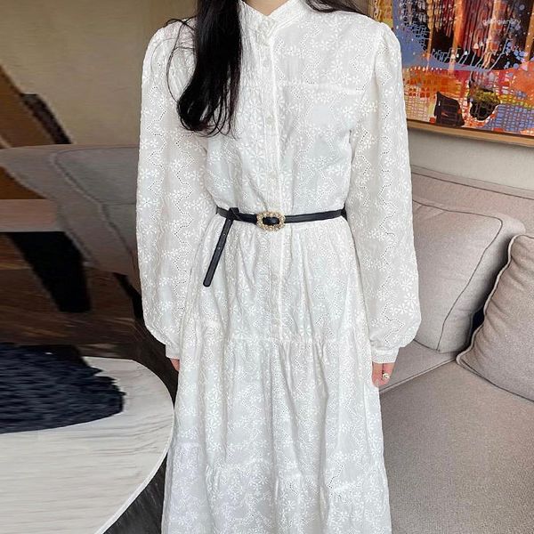 Günlük Elbiseler Clothland Kadınlar Tatlı Beyaz Mor Dantel Elbise Oymak Tek Göğüslü Uzun Kollu Kemer Sevimli Midi Mujer QB820