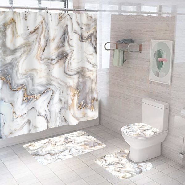 Duş perdeleri beyaz mermer perde lüks altın modern ile kaymaz halı mat banyo su geçirmez polyester ev dekor 180x180 230625