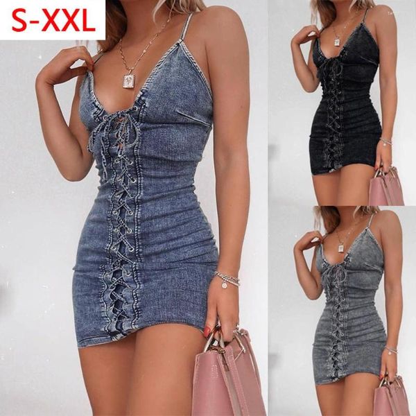 Vestidos casuais moda sexy jeans feminino mini festa vestido elástico spagetti alças bandagem decote em v jeans