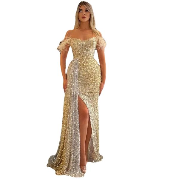 Ouro Aso Ebi Árabe Luxuoso Renda Frisada Vestidos de Baile Sereia Mangas Longas Vestidos de Noite Feather Festa Formal Vestidos de Segunda Recepção