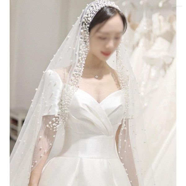 Copricapo Stile coreano Super Fairy Wedding Po Copricapo Bellissime unghie Perle Pografia da viaggio Modellazione Velo a coda lunga