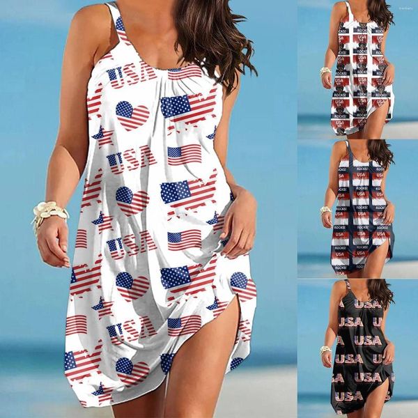 Abiti casual Giorno dell'Indipendenza Moda Abito senza maniche Summer Bohemian Beach Sexy Evening Party Strap Flag Print Sun Boho