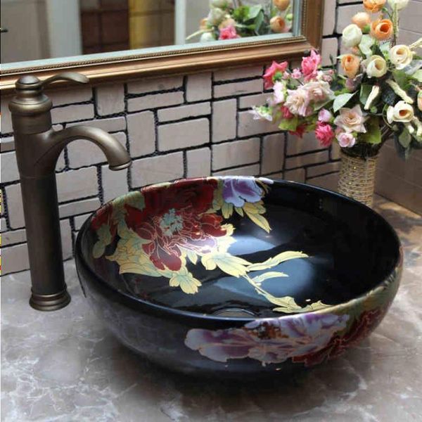 China Classic Painting Antike Blume Keramikwaschbecken handbemalte Porzellanwaschbecken Badezimmerwaschbecken Tiadx