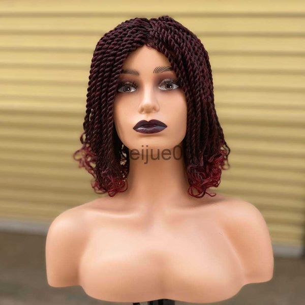 Perucas Sintéticas Ombre Cor Vermelha Crochê Kinky Twist Peruca Trançada Curto Bob Caixa Trançadas Perucas Para Mulheres Negras Africano Sintético Trançado Peruca de Cabelo x0715