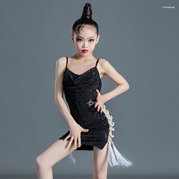 Сценическая одежда 2023, платье для латинских танцев для девочек, летний костюм для выступлений Seuqin с жемчужной кисточкой, Детский костюм BL8008