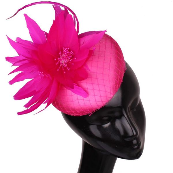 Berretti Fascinators per capelli in raso rosa formale Copricapo da donna per feste da sera Bel cappello in rete Gril Copricapo da sposa con piume