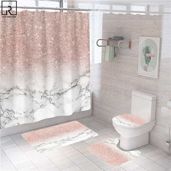 Duschvorhänge, rosa Marmor-Duschvorhänge, glänzendes Dekor für Badezimmer, Polyesterstoff, dekorative Badewannenabtrennung, Toilettenabdeckung, Teppich, WC-ZubehörHKD230626