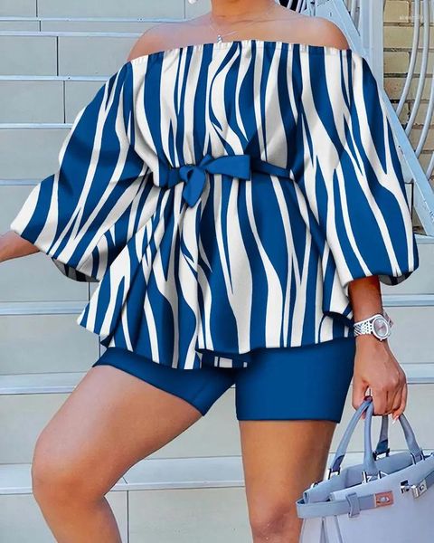 Tute da donna 2023 Summer Fashion Print Set da due pezzi Donna Slash Neck Off Shoulder Ruffle Top Shorts Suit