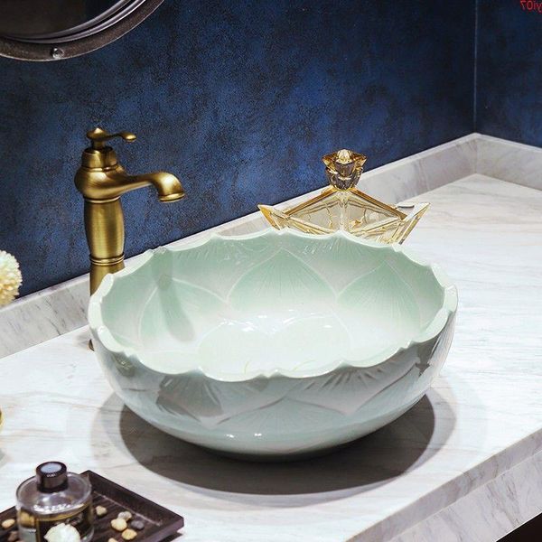 Verde ervilha europa estilo vintage china artesanal lavabo lavatório artístico pia do banheiro lavatório de cerâmica tigela boa quantidade Nwvog