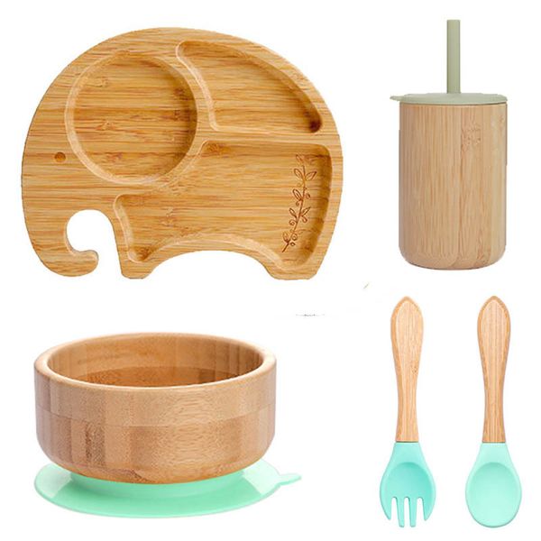 Copos Pratos Utensílios Morder Mordidas 5 Pçs/Conjunto Talheres Infantil Tigela Prato Garfo Colher Copo Sucção Alimentar Alimentos Bambu Talheres Sem BPA Antiderrapante 230625