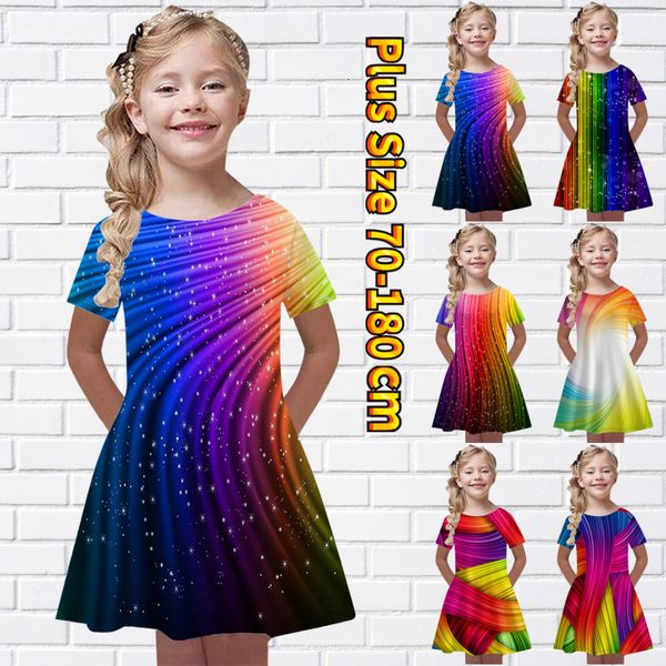 Mädchenkleider Sommer Kleines Mädchen Mehrfarbiger Druck Midirock Rundhals Prinzessin Rock Mode Kurzarmrock Knielanger Rock 230625