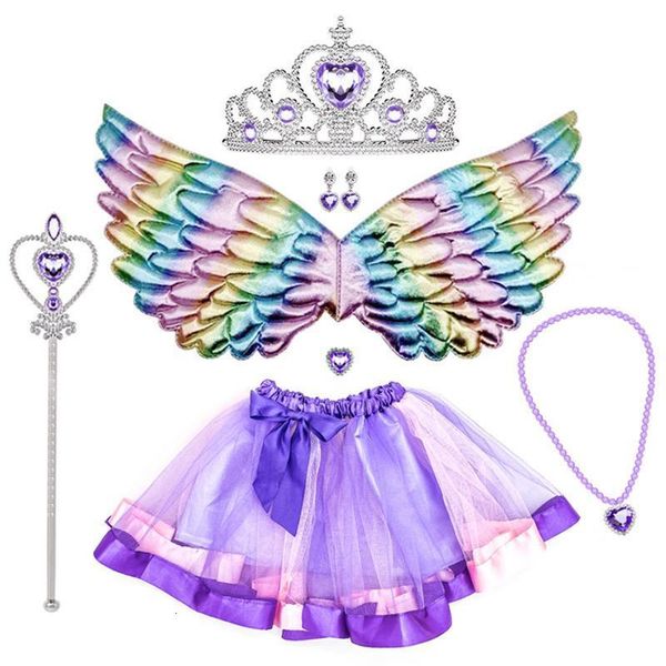 Novidade Jogos Meninas Princesa Aniversário Trajes Fada Asa Varinha Saia Colar Brincos Pedra Preciosa Festa Cosplay Trajes 230625