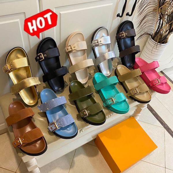 Designer-Klassiker Unisex BOM DIA FLAT MULE Hausschuhe Sommer Leinwand Mode Luxus Strand Sandalen Schnalle Dicke Sohle Männer Frauen Komfort Flache Silde Slides Slider Schieben