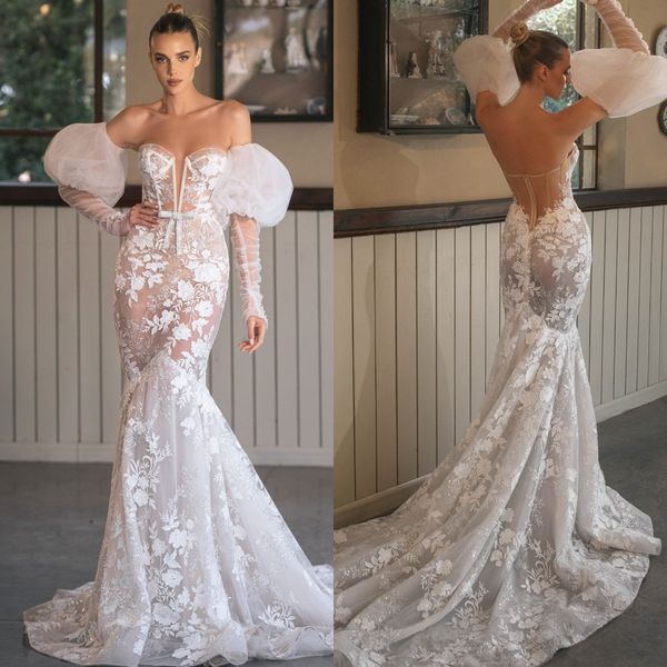 Berta 인어 웨딩 드레스 아가 레이스 웨딩 드레스 Illusion Puffy Sleeves Sweep Train Appliques robe de mariee bridal gowns