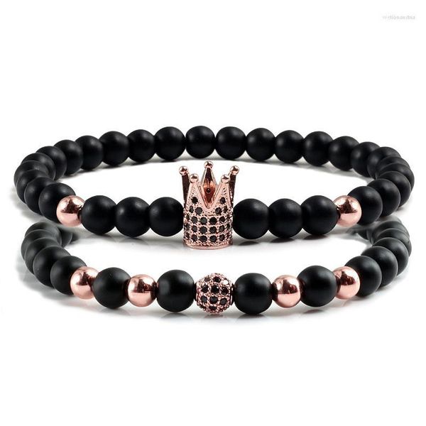 Fio 2 pçs/conjunto Moda Rosa Ouro Cor CZ Coroa Bola Casal Pulseiras Bangles Charm Mulheres Homens Pedra Preta Conta Pulseira Yoga Jóias