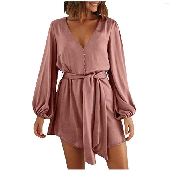 Abiti casual Abbigliamento Donna Abito da donna in raso con maniche lunghe a sbuffo con scollo a V con cintura corta primavera estate mini vestidos