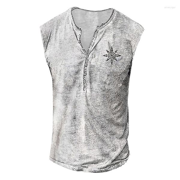 Erkek Tank Tops Vintage Grafik Baskı Erkek Sokak Giyim Yaz Gündelik Gevşek Düğmeli O Boyun Yelek Gömlek Erkekler Moda Kostiso Kıyafetleri