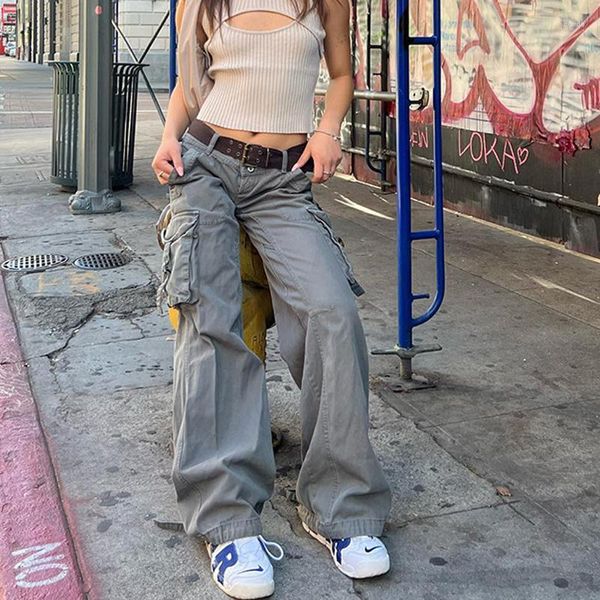 Kadın Kot Harajuku Baggy Düşük Bel Kadın Kore Moda Y2K Kargo Pantolon Cepler Estetik Grunge Streetwear Denim Pantolon Sonbahar