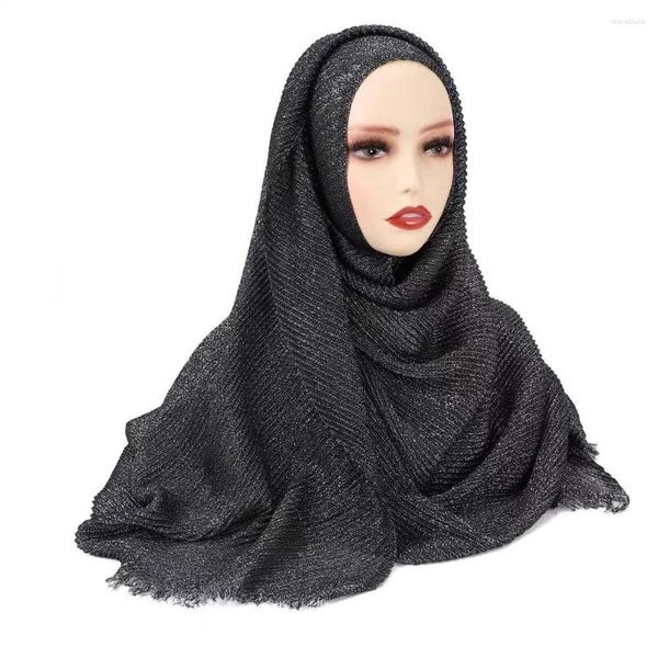 Cachecóis Cachecol Hijab Pregueado Brilhante Liso E Enrugado Com Lurex Prateado Glitter Cor Sólida Muçulmana Cabeça Elástica