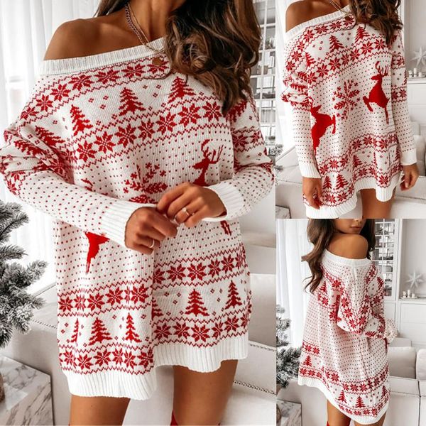 Kleiderpullover Kleid für Frauen rotes Neujahr Kleidung Abend Weihnachten Langarm Pullover Winter Herbst Lose Mini Party Kleider