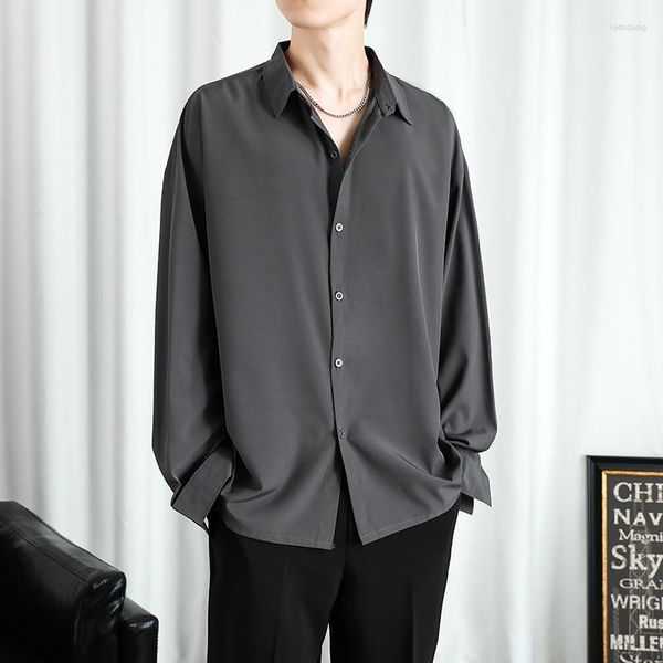 Herren-Freizeithemden, koreanische Mode, drapiert für Männer, einfarbig, langärmelig, bequem, mit Knopfleiste, Bluse, Weiß, Schwarz, Grau