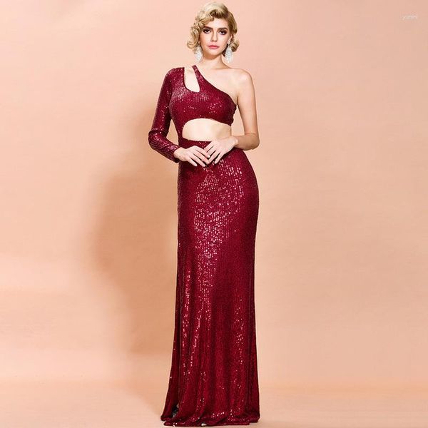 Casual Kleider Frauen Sommer Sexy Diagonal Kragen One-Shoulder Asymmetrie Split Luxus Maxi Lange Abend Party Club Kleid Claret schwarz