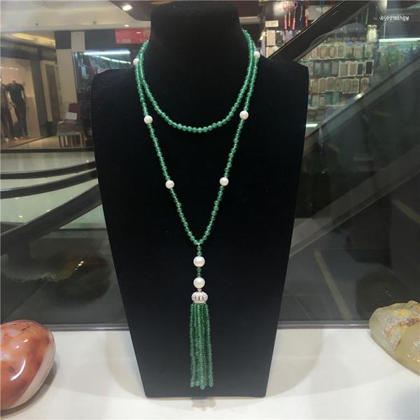 Catene annodate a mano lunghe pietre verdi naturali perle d'acqua dolce bianche micro intarsio zircone chiusura nappa collana gioielli di moda