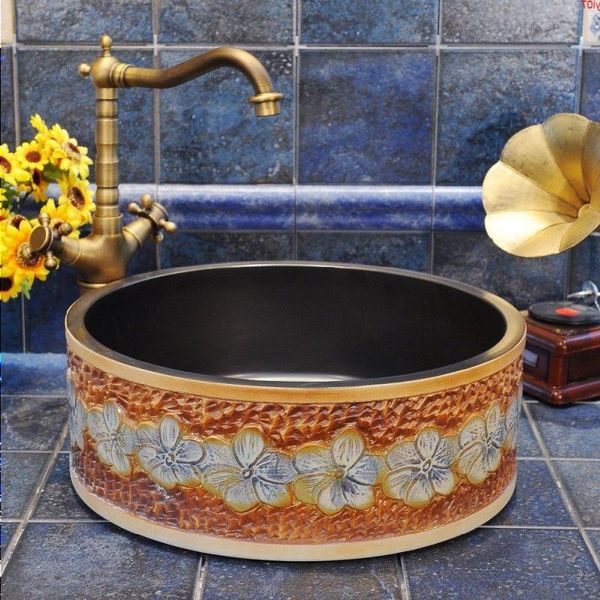 Antigo tambor de alta qualidade em forma de tambor de cerâmica lavatório decoração do banheiro pia de alta qualidade Xlexg