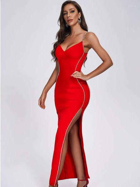 Vestidos Casuais Feminino Sexy Crystal Diamonds Vermelho Longo Bodycon Bandage Dress 2023 Dividido até o Tornozelo Evening Night Club Festa Chique