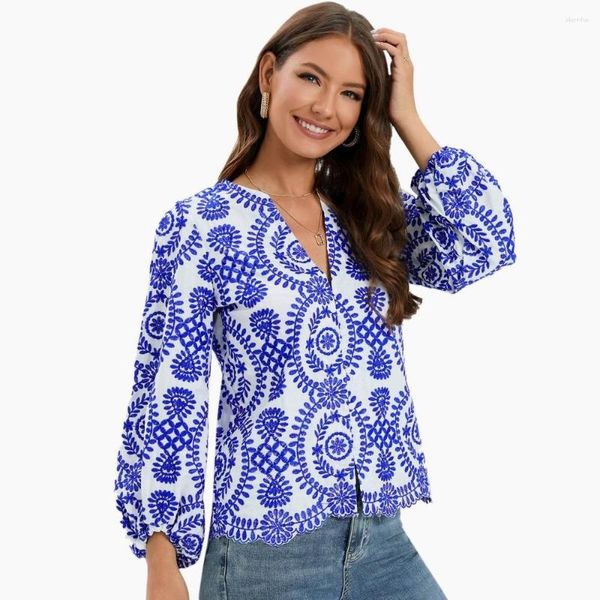 Blusas femininas elegantes camisa feminina bordado padrão manga comprida decote em v top 2023 roupas finas blusa feminina veste fd39487128