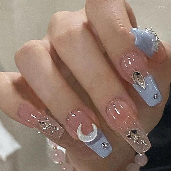 Unhas Postiças Macaroon Claro Estrela Forma de Lua Remendo de Unha Longa Diamante Bailarina Fake Cobertura Completa Conjunto de Arte de Unha Curto