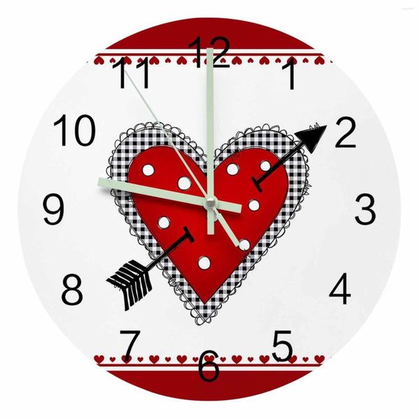 Orologi da parete San Valentino Cuore rosso Freccia Puntatore luminoso Orologio Ornamenti per la casa Rotondo Silenzioso Soggiorno Decorazioni per ufficio