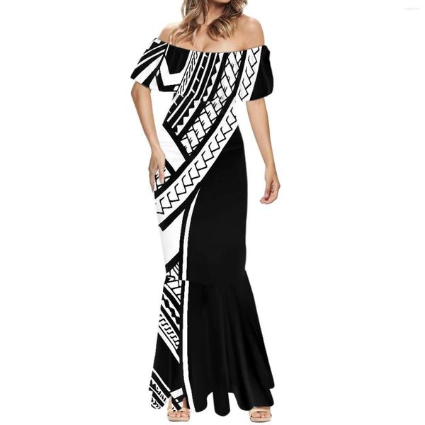 Lässige Kleider 2023 Samoa Tribal Damen Kurzarm Fischschwanzkleid Sommer Party Mode Sexy One-Shoulder Hawaiian Tattoos Print Strand