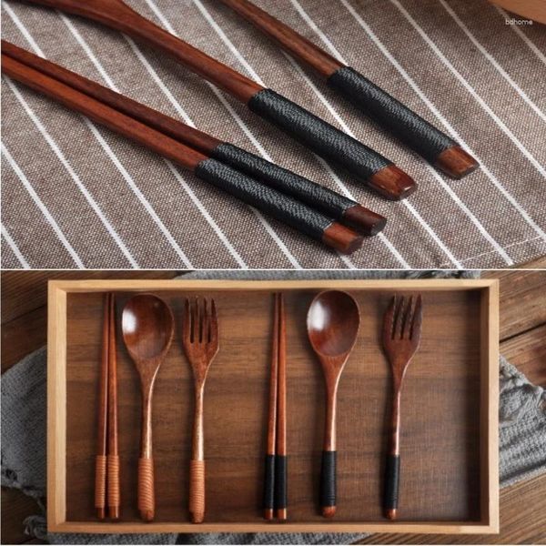 Set di posate Stoviglie in legno Forchetta Cucchiaio Bacchette Set da 3 pezzi Manico lungo in legno massello Portatile