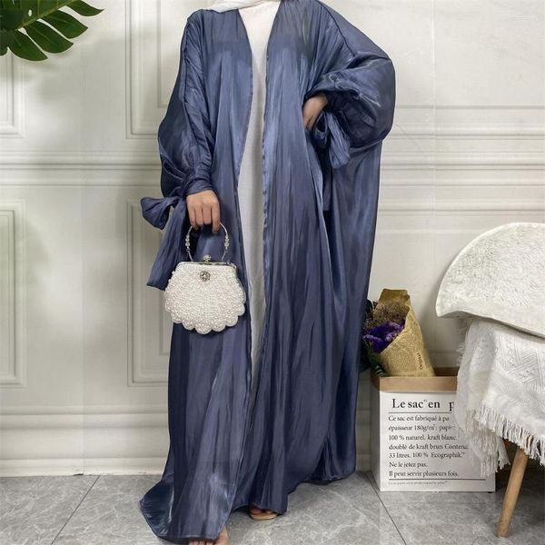 Abbigliamento etnico Raso musulmano Eid Open Abaya Dubai Manica a bolle Abiti da sera turchi Caftano per le donne Kimono islamico Femme Musulmane