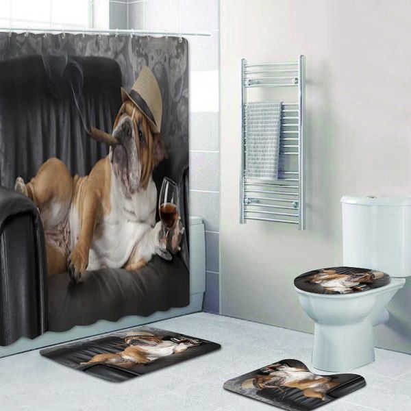 Duş Perdeleri 3D Duş Perdesi Komik İngilizce Bulldog Banyo Perde Seti Sigara Bull Köpek ile Puro Banyo Halı Halı Paspas Tuvalet için Pet GiftHKD230626