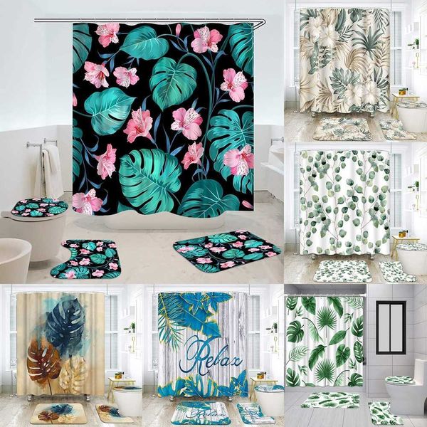 Cortinas de Chuveiro Plantas Tropicais Conjuntos de Cortinas de Chuveiro Bege Verde Folhas de Palmeira Sálvia Hibisco Flor Cortinas de Banho Tapetes de Banheiro Tapetes de Banheiro Tampa de Tampa de SanitaHKD230626