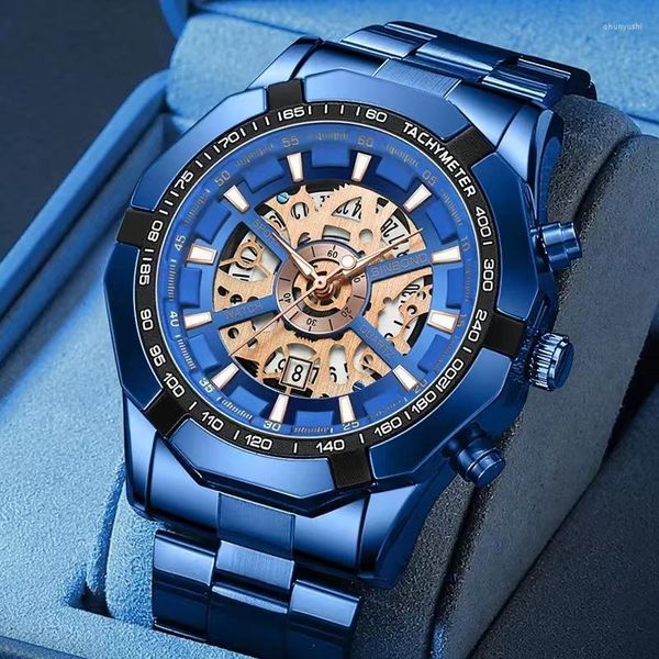 Relógios de pulso 2023 Binbond Mens Watches Top Aço Inoxidável Impermeável Hollow Out Azul Grande Relógio Masculino Masculino