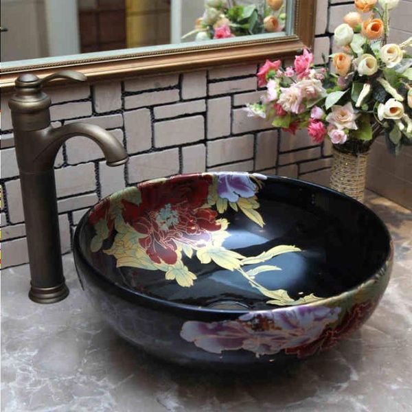 China Classic Painting Antike Blume Keramikwaschbecken handbemalte Porzellanwaschbecken Badezimmerwaschbecken Vmjmc