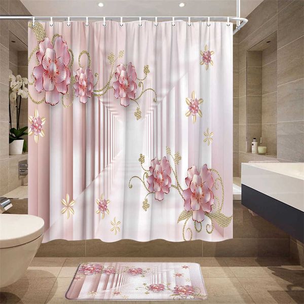 Cortinas de chuveiro estilo chinês luxo diamante flor cortina de chuveiro conjunto com tapete poliéster tecido cortinas de banho antiderrapante almofada de banho decoração do banheiroHKD230626